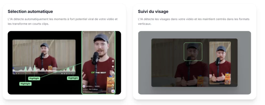 Ssemble.com : Transformez 1 Vidéo en 20 Clips Viraux avec l'IA (Test 2025) 3 ssemble selection automatique suivi visage ia