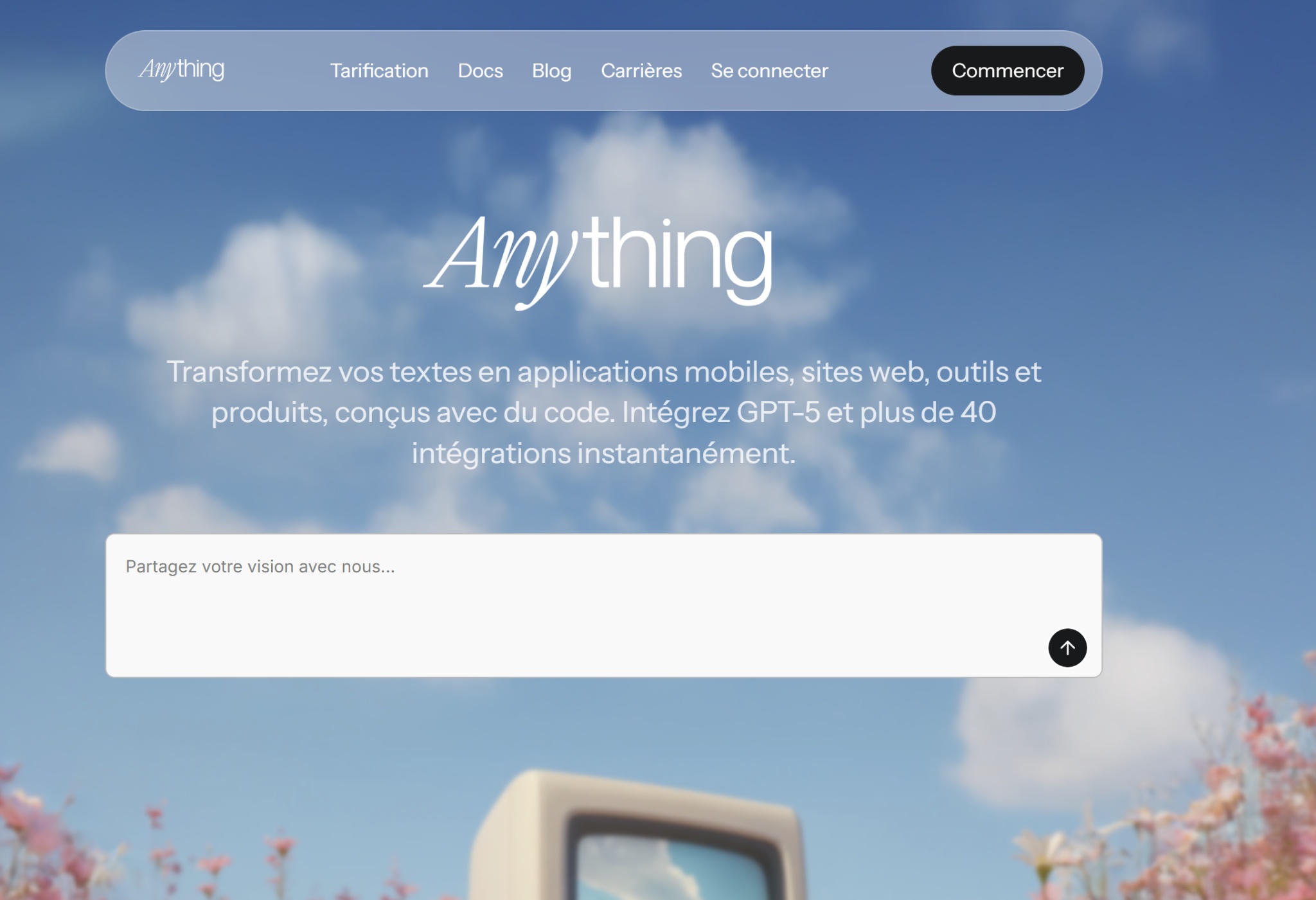 Page d’accueil d’Anything, l’AI app builder