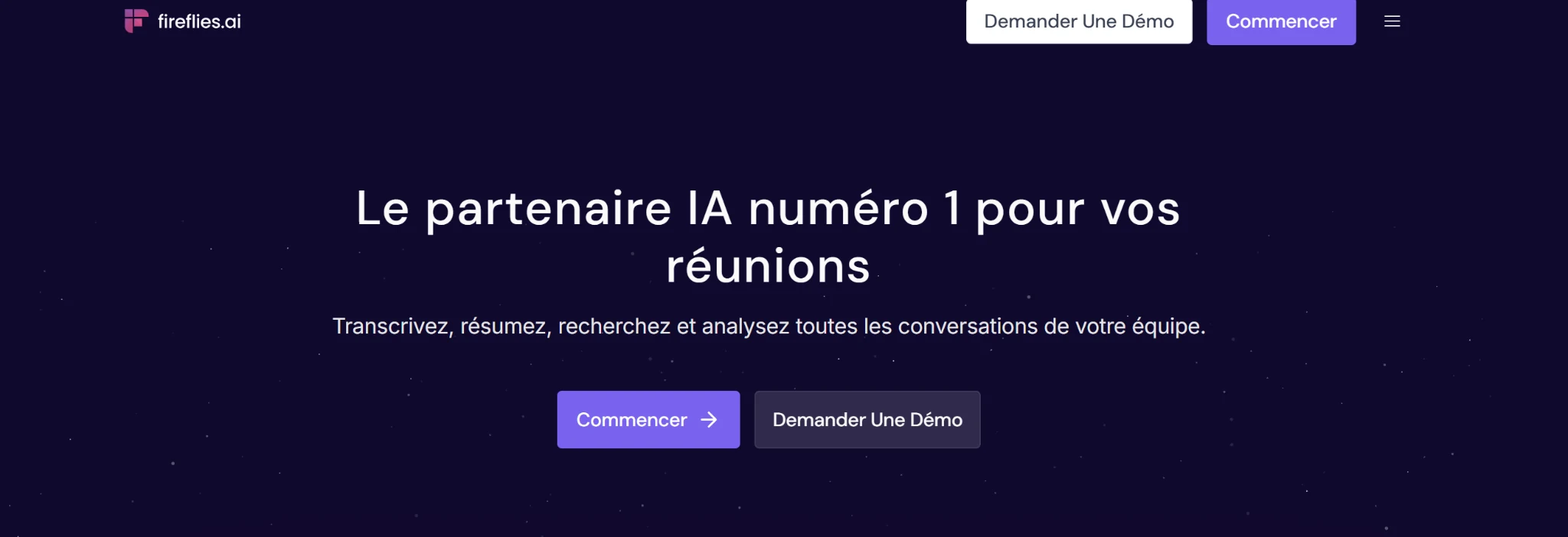 Page d’accueil Fireflies.ai : partenaire IA numéro 1 pour vos réunions