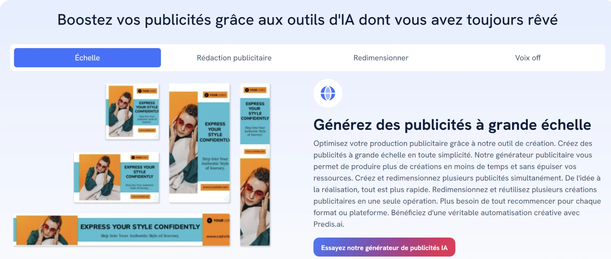 Interface éditeur Predis.ai : templates, calques, voix off, palettes