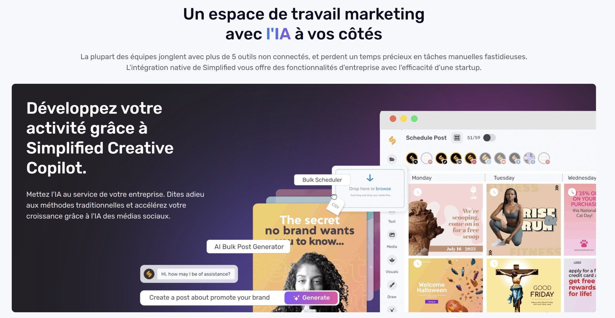 l’espace de travail marketing IA tout-en-un pour créer, planifier et automatiser 1 Interface Simplified Creative Copilot pour le marketing avec l’IA