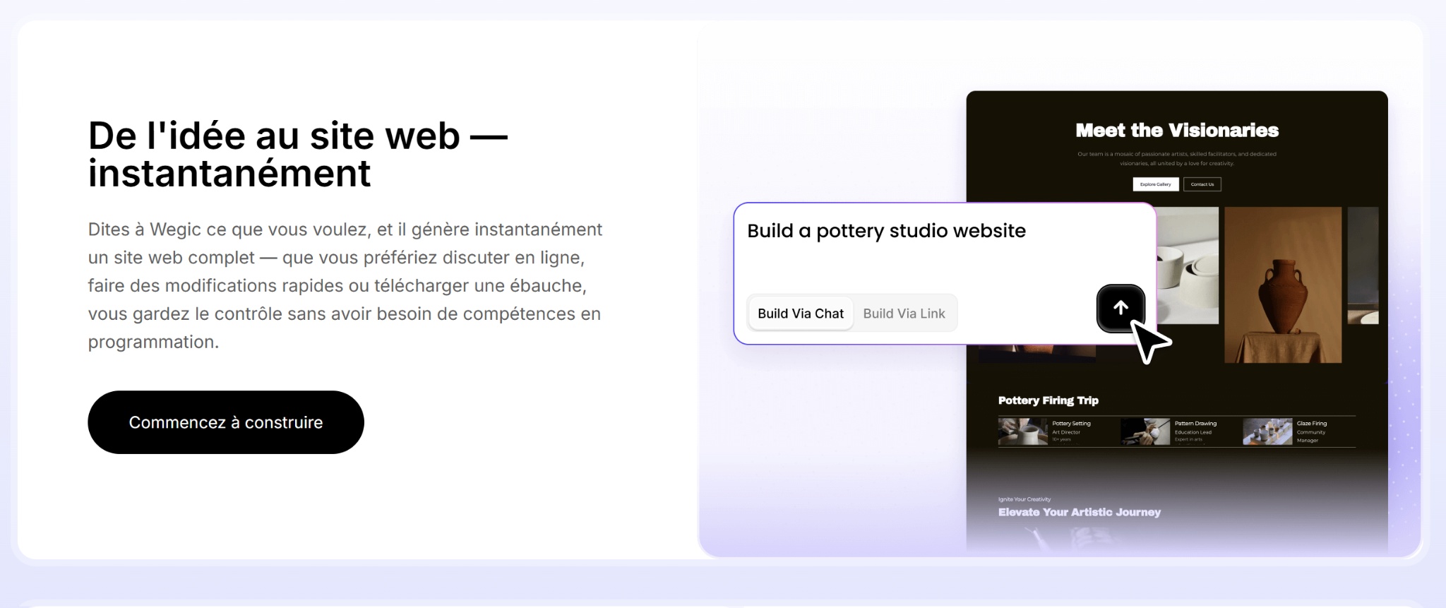 Interface du builder Wegic avec IA